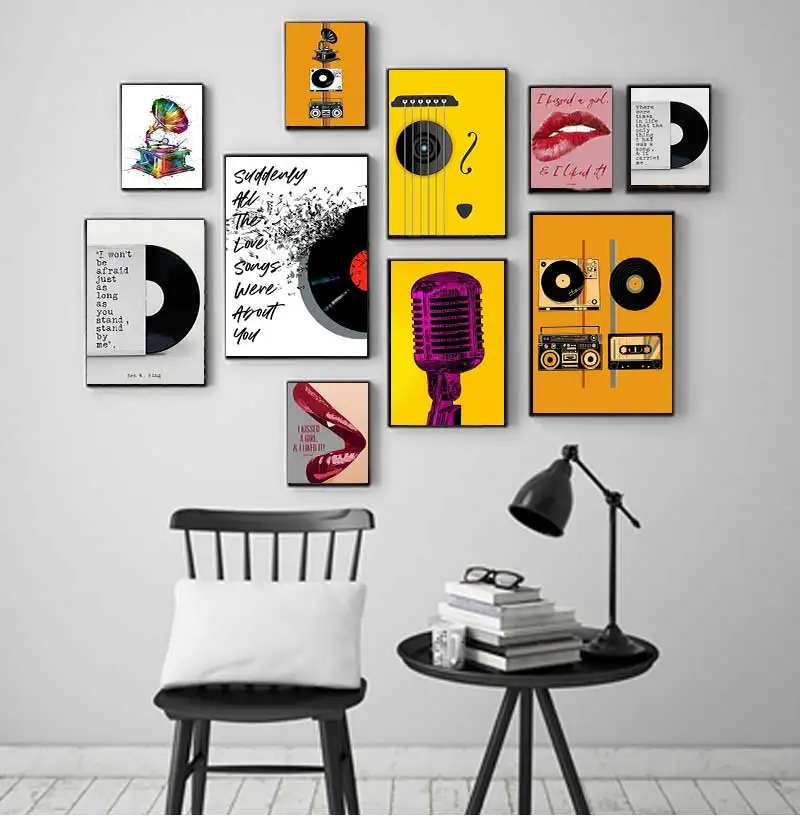 ملصق تسجيل موسيقى فينيل عتيق ، فن جداري ، أوتار جيتار ، صورة ، سماعة رأس ، كلمات ، لوحة قماشية ، طباعة ، ديكور استوديو