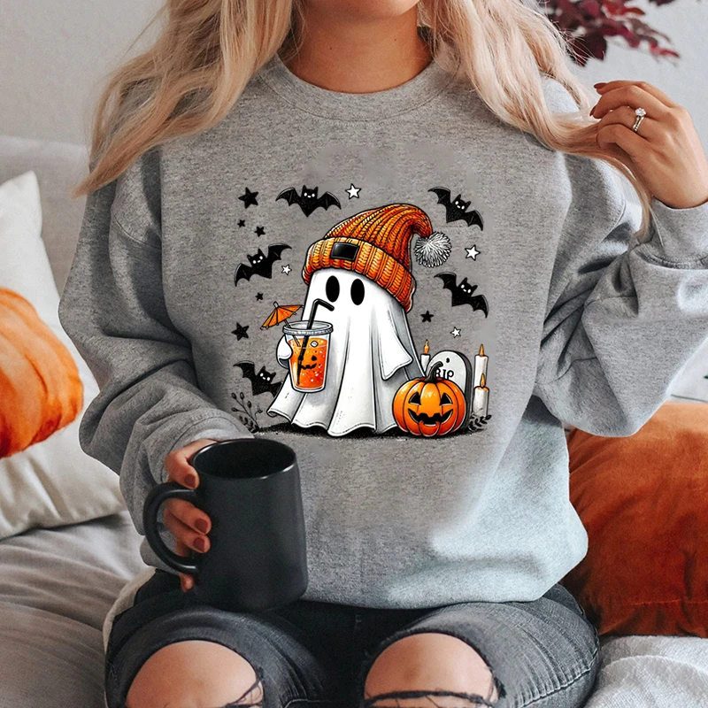 New Women\'s Sweatshirt Halloween Ghost Pumpkin Bat Print Round Neck Pullovers Ladies Autumn Winter Casual Halloween Sweatshirt