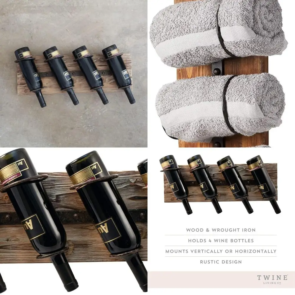 

Wall-Mounted Country Style Wine Rack for 4 Bottles, Metal & Wood, Rustic Farmhouse Decor, 8x23.75, Set of 1