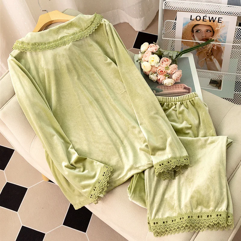 Autumn Winter Velour Sleepwear Green Velvet Pajamas Set for Women Loose Sweet Lace Trim Home Clothes Loungewear Trouser Suits