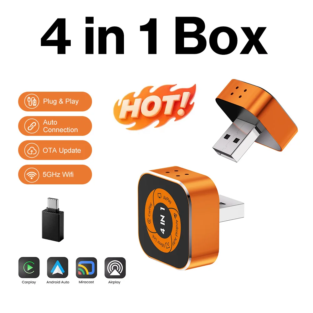 Adaptador Bluetooth Estable 4 en 1 FLIXIVI 2026 para CarPlay, Android Auto, AirPlay y Mirror Link, de Cableado a Inalámbrico para Volvo, Benz, MG, Kia