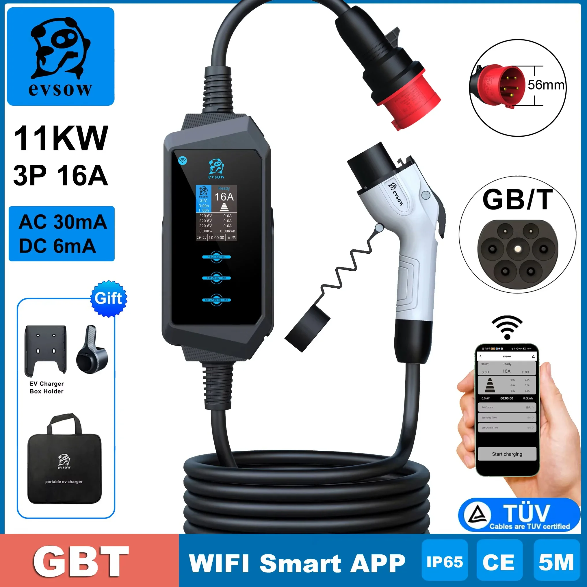 

evsow GBT EV Charger For Electric Car Fast Charging 11KW 16A 3Phase With WIFI APP Control Adjustable Current Portable EV Charger