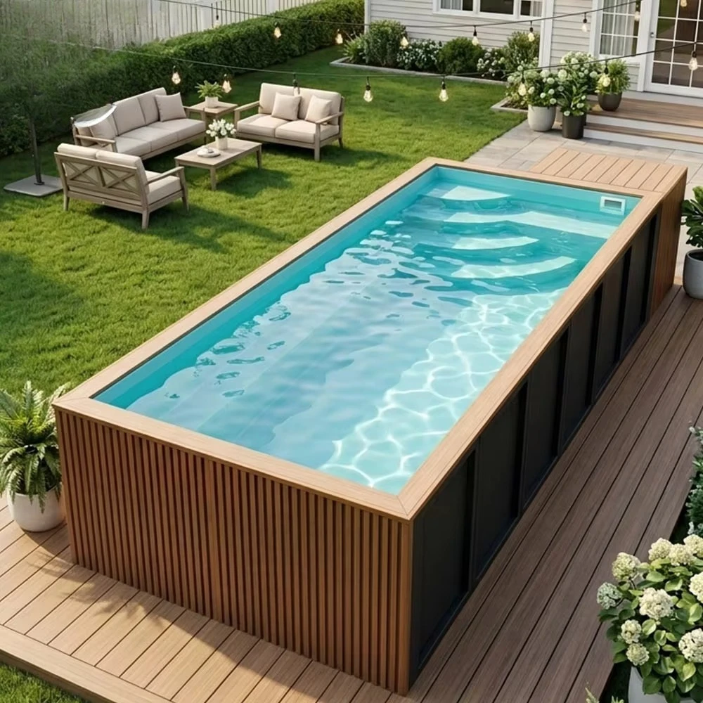 40FT Inground Container Pool 20FT Above Ground Prefab Style Shipping Container Pool with Wood Finish Plunge
