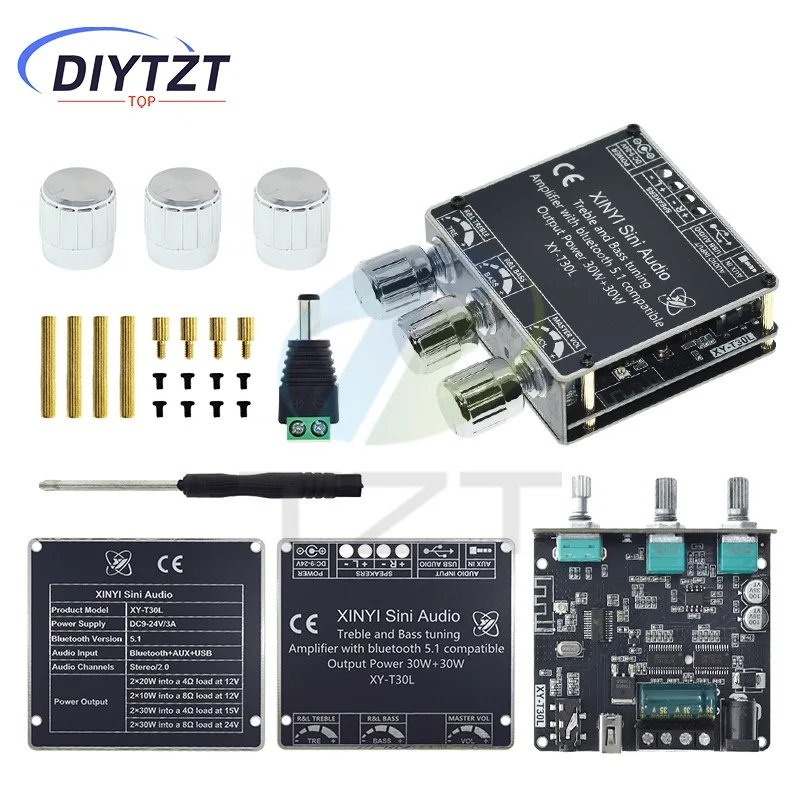 HIFI DIY Audio T30L Bluetooth Digital Amplifier Papan Modul 2.0 Stereo Dual Channel 30W * 2 dengan Penyesuaian Bass Tinggi dan Rendah
