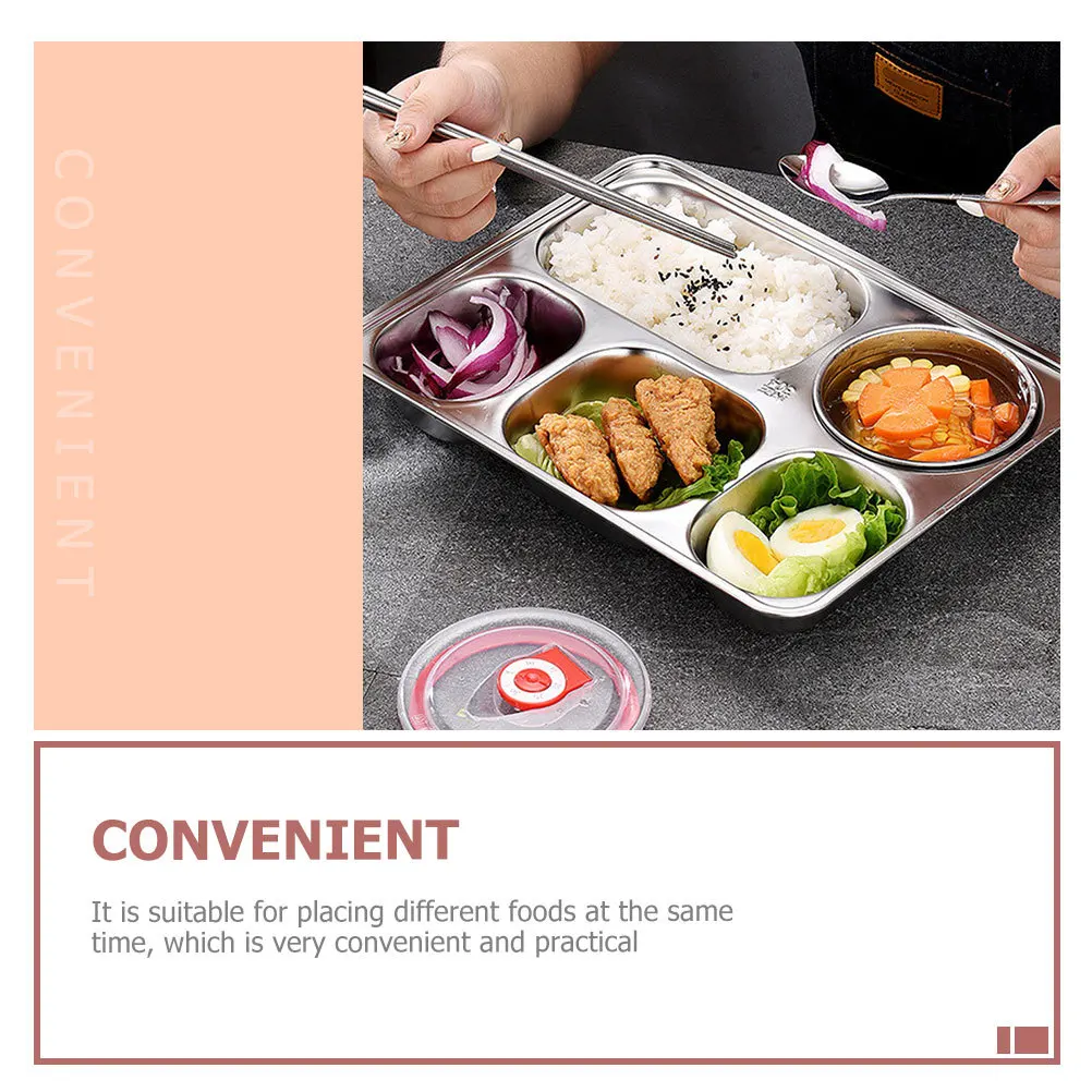 

2 set Stainless Steel Divided Plate Thickened Food Compartment Tray For Kids Lunch Home Restaurant Five Grids Bento Style
