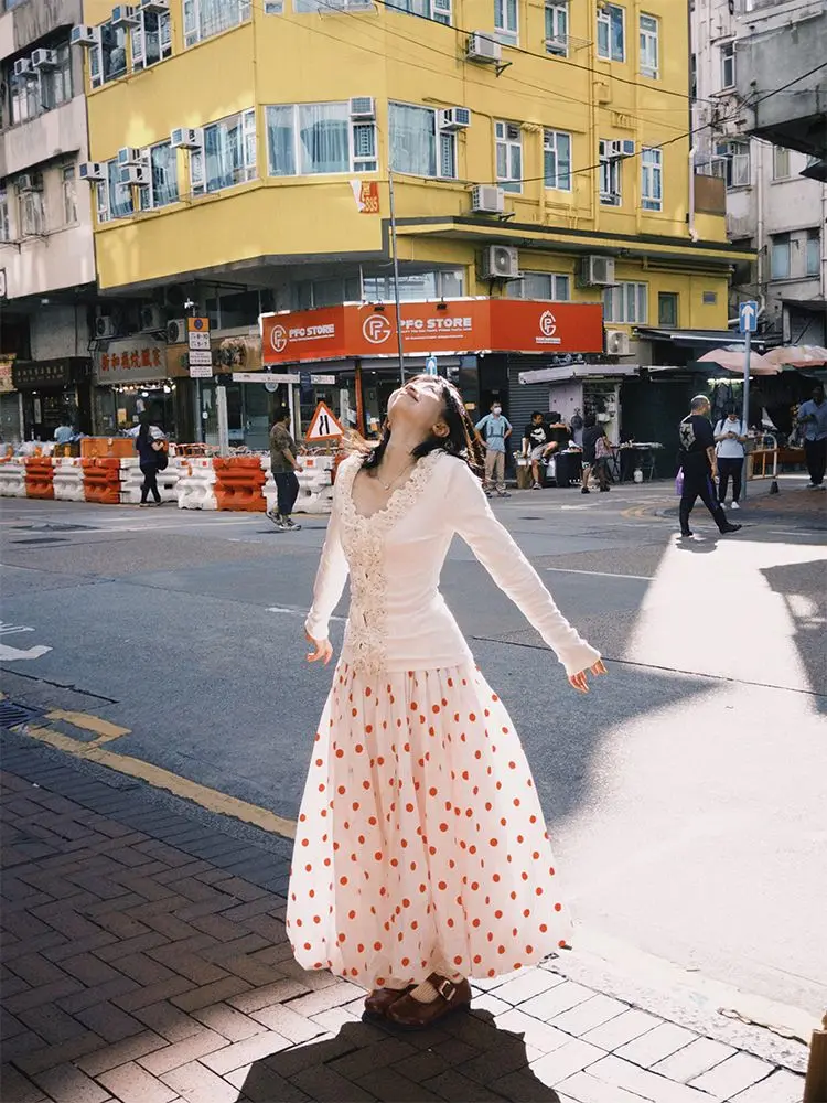 Red Polka Dot Half Body Women Fluffy Flower Bud Bubble Long Skirt Slimming Loose Spring Autumn High Waist A-line Skirts