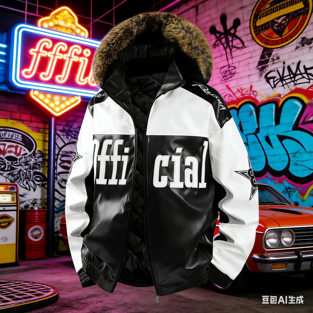 

Down collar winter and autumn cotton-padded coat with contrasting color patchwork American-style embroidery hood, suitable for