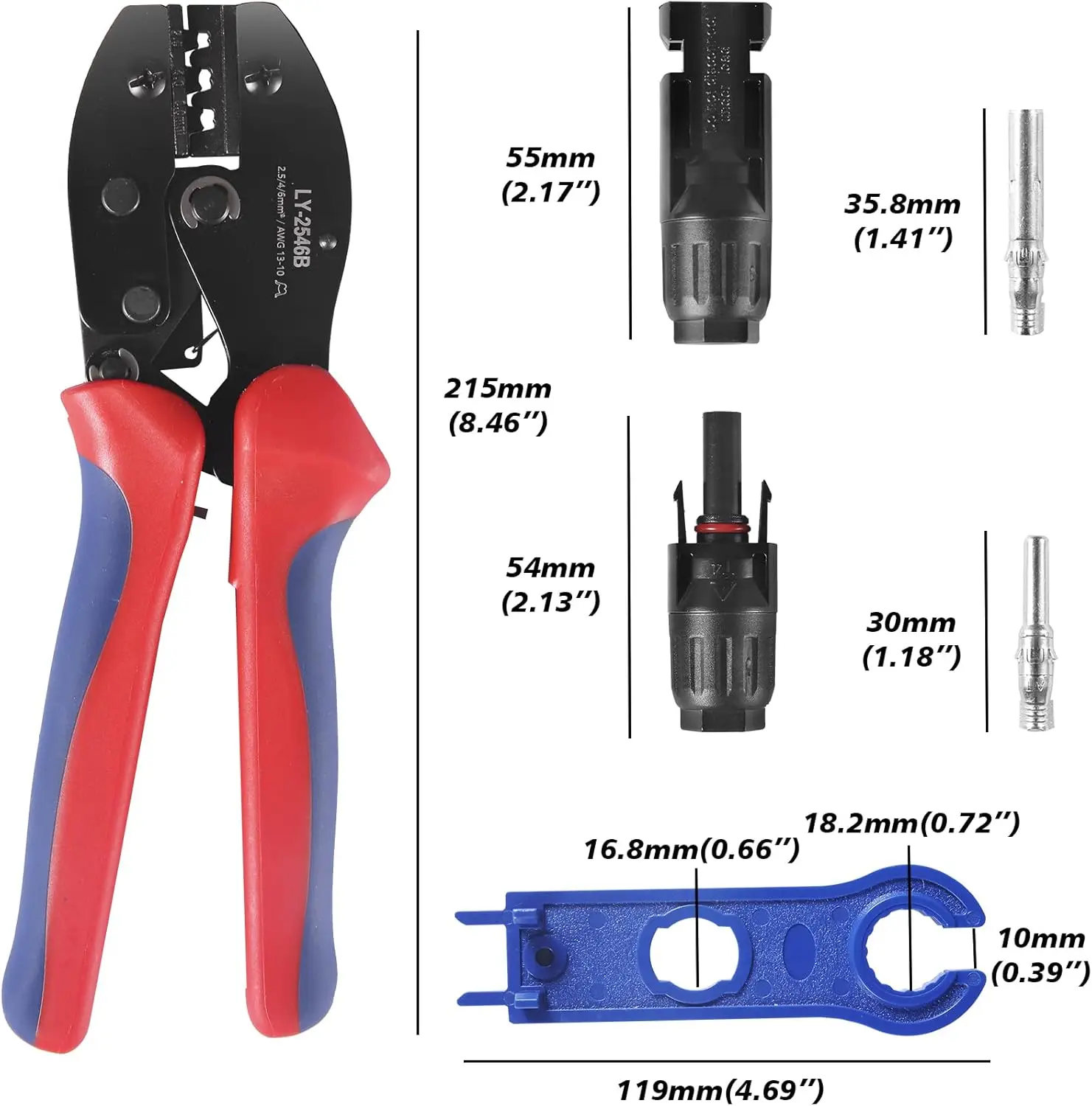 Solar Crimper Tool Kit Crimper, 12 Pairs Connectors, 2 Spanner Wrench for 14-10 AWG Solar Panel Cable Wire Crimping PV Assembly - Image 3