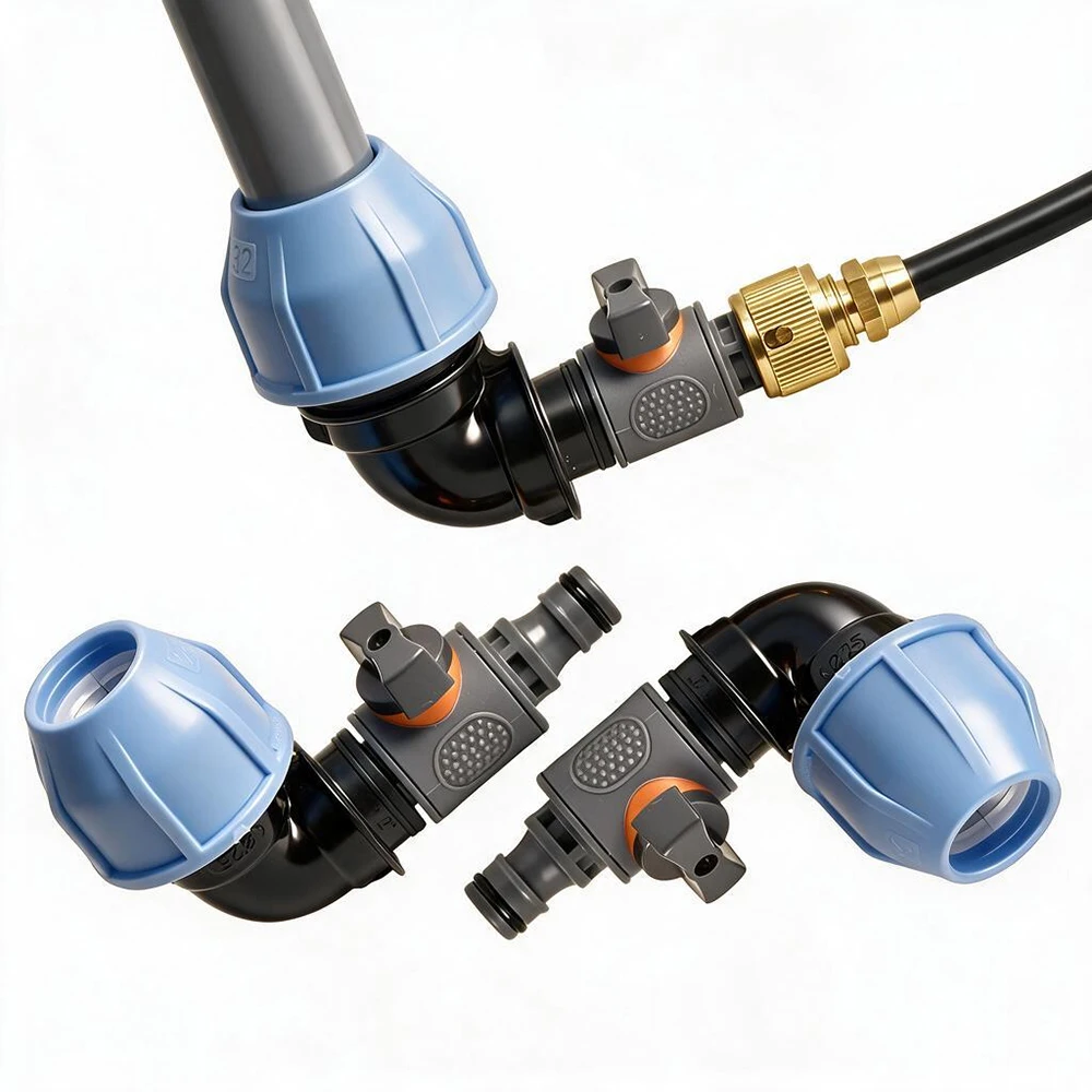 Elbow 90 Degrees Fast Locked PE Pipe Joint Adapter with Valve, 16mm Nipple Garden Irrigation Fittings Water irrigation system