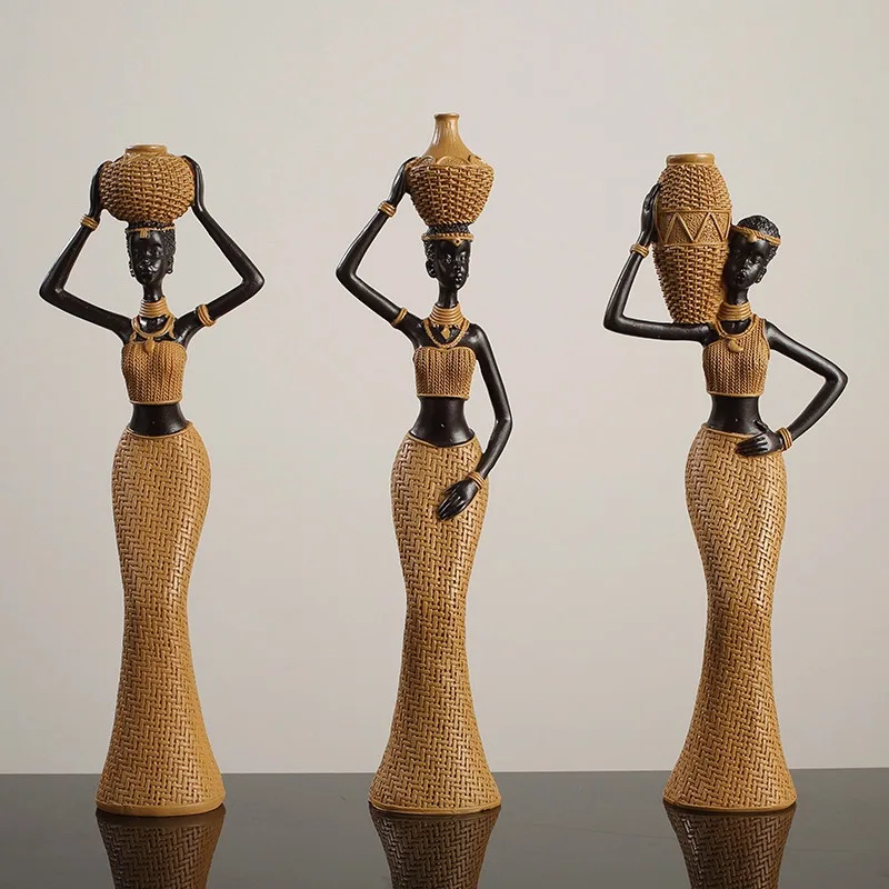 32cm originality Retro woven pattern African Women Resin Figurines Living room home decoration foyer wine cabinet ornaments