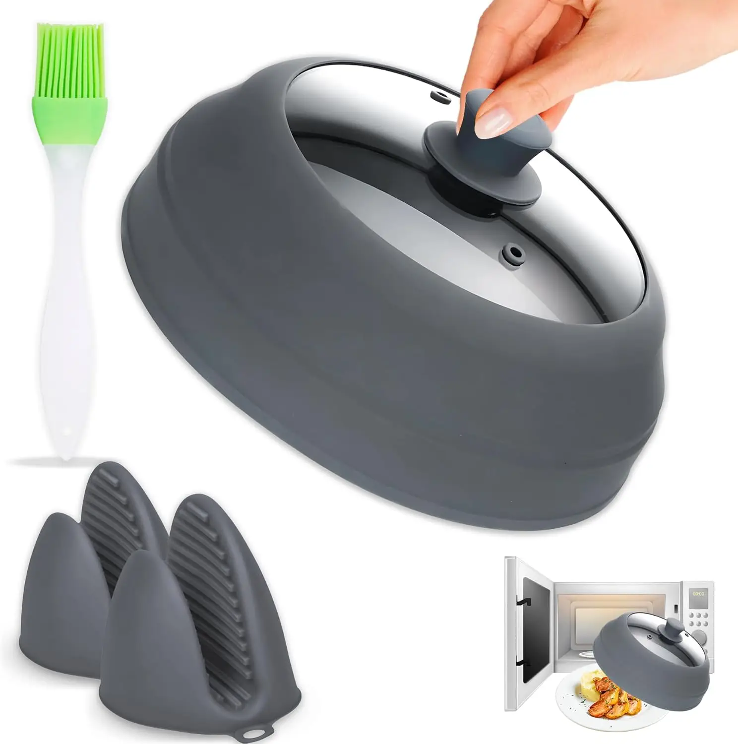 

Крышка-защита от брызг для микроволновой печи — большая, 10,8 дюйма, из закаленного стекла и силиконовой крышки, термостойкая, защита от разбрызгивания