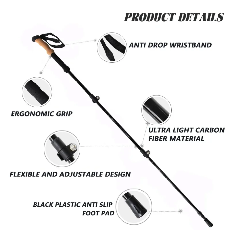 2024 High Quality Telescopic Crutch Trekking Pole Carbon Nordic Walking Sticks Walking Pole Alpenstock Trekking