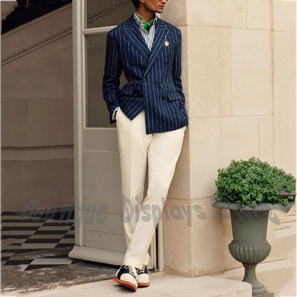 

Stylish Modern Men's Two Piece Suit Peak Lapel Striped Jacket Beige Pants Contrast Color High Sreet Style Casual Daily Wear