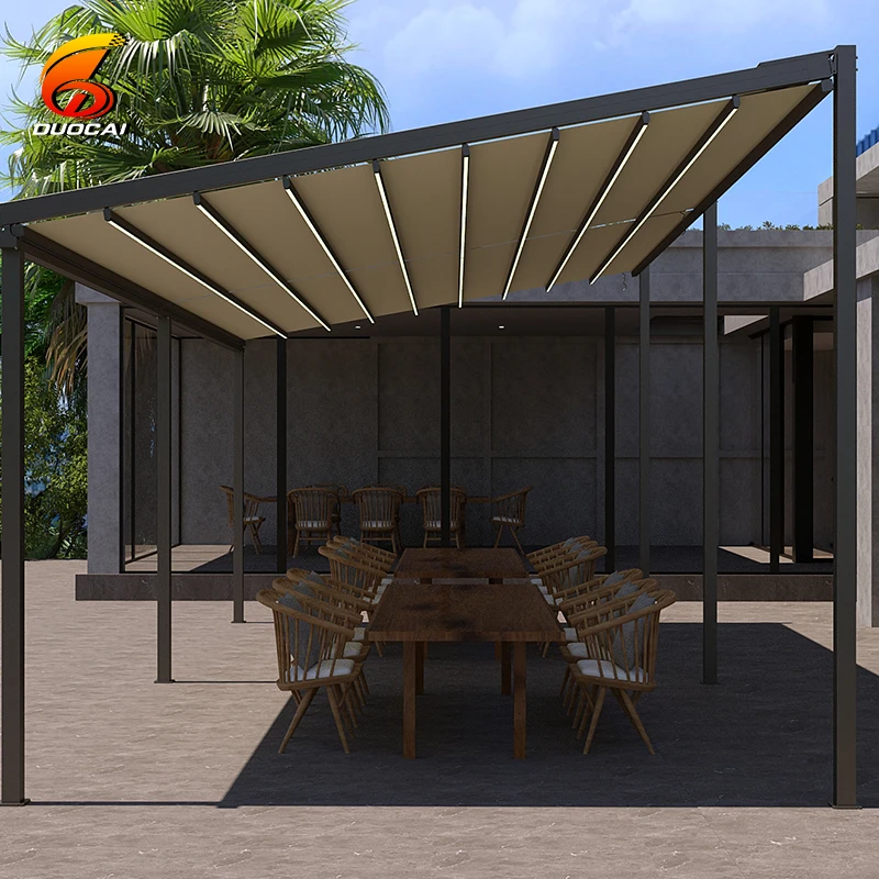 DC Tent CT600 Modern Four-Season PVC Pergola Electric Operation Powder Coated Aluminum Frame Pressure Treated Wood Eco-Friendly