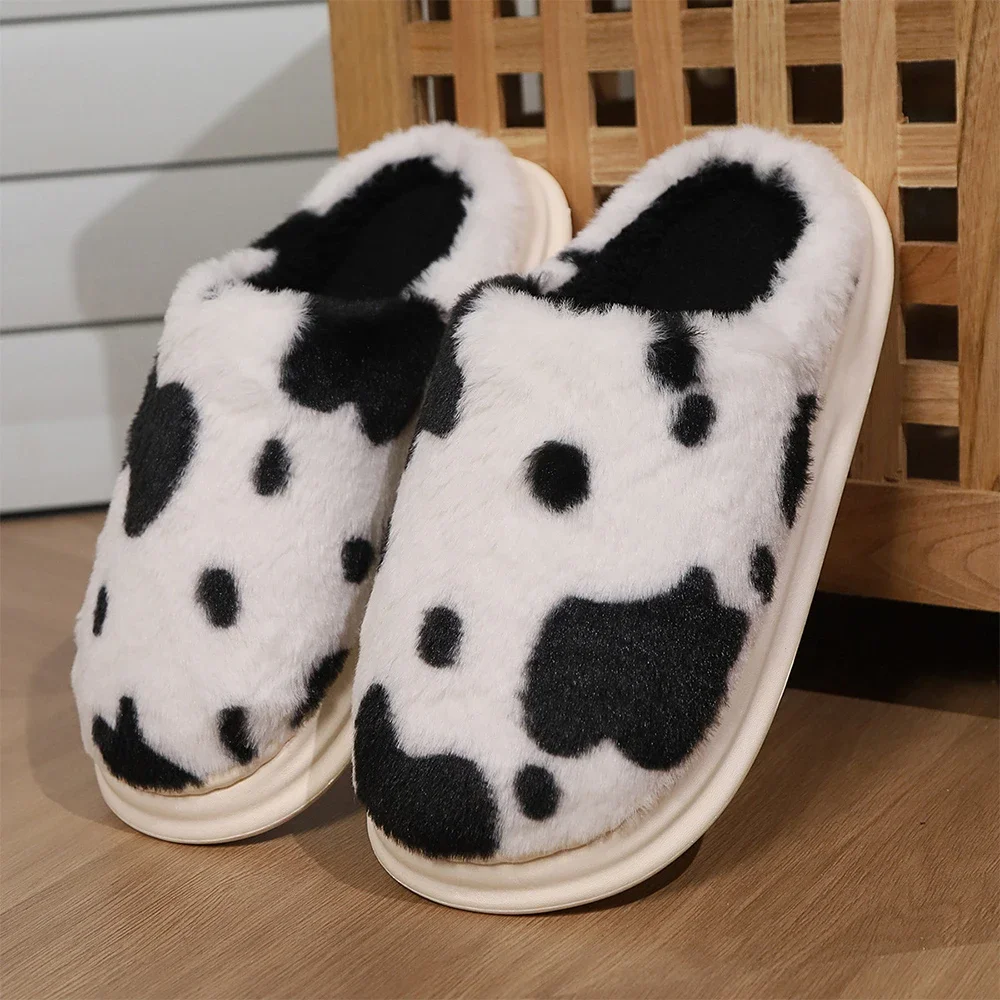 Unisex Winter Warm Home Slippers Cute Cartoon Cow Plush Shoes Cute Winter Fluffy Slippers Flats Warm Casual Slides Home Slipper