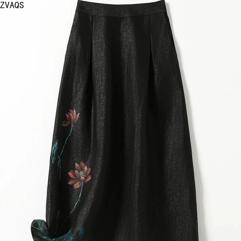 

ZVAQS 100% Mulberry Silk Women's Skirts Summer Premium Silk Xiangyunsha Half Skirt Retro Tortoise Crack Pattern Long Skirt Юбка