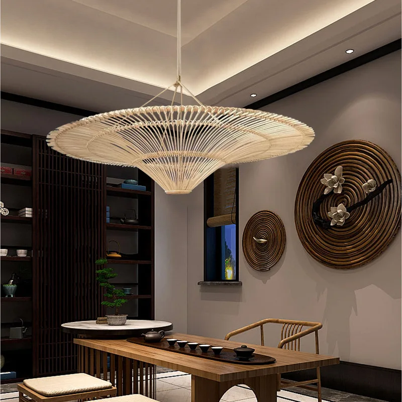 Nordic Umbrella Rattan Chandelier Janpanese Wicker Chandelier for Living Room Bedroom Hall Dining Room Designer lamp