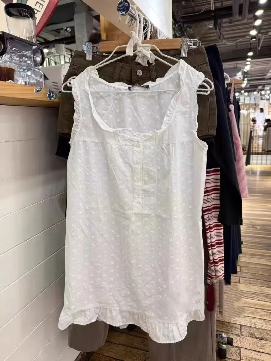 Biała Sukienka Mini z Falbankami, Okrągłym Dekoltem, Letnia Odzież Uliczna, Zapinana na Guziki, Bez Rękawów, Krótka Sukienka w Linii A, Vestidos, Słodka Elegancka Sukienka Vintage