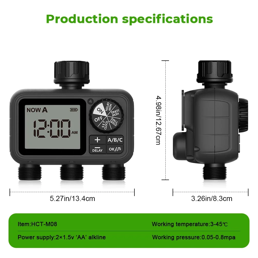 Newest Eshico HCT-M08 3-Outlet Water Timer Automatic/ Manual/ Rain Delay Sprinkler 3P Watering System 3 Zone Garden Tool