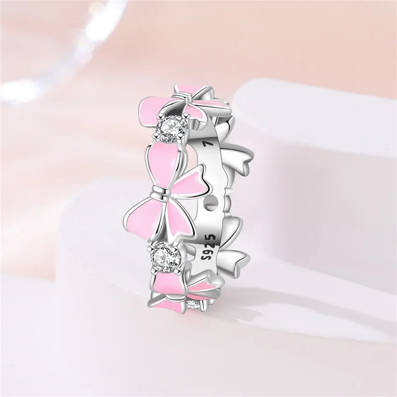 

New Original 925 Sterling Silver Pink Bow Ring For Women Fit Valentine's Day Wedding Party Jewelry Gift