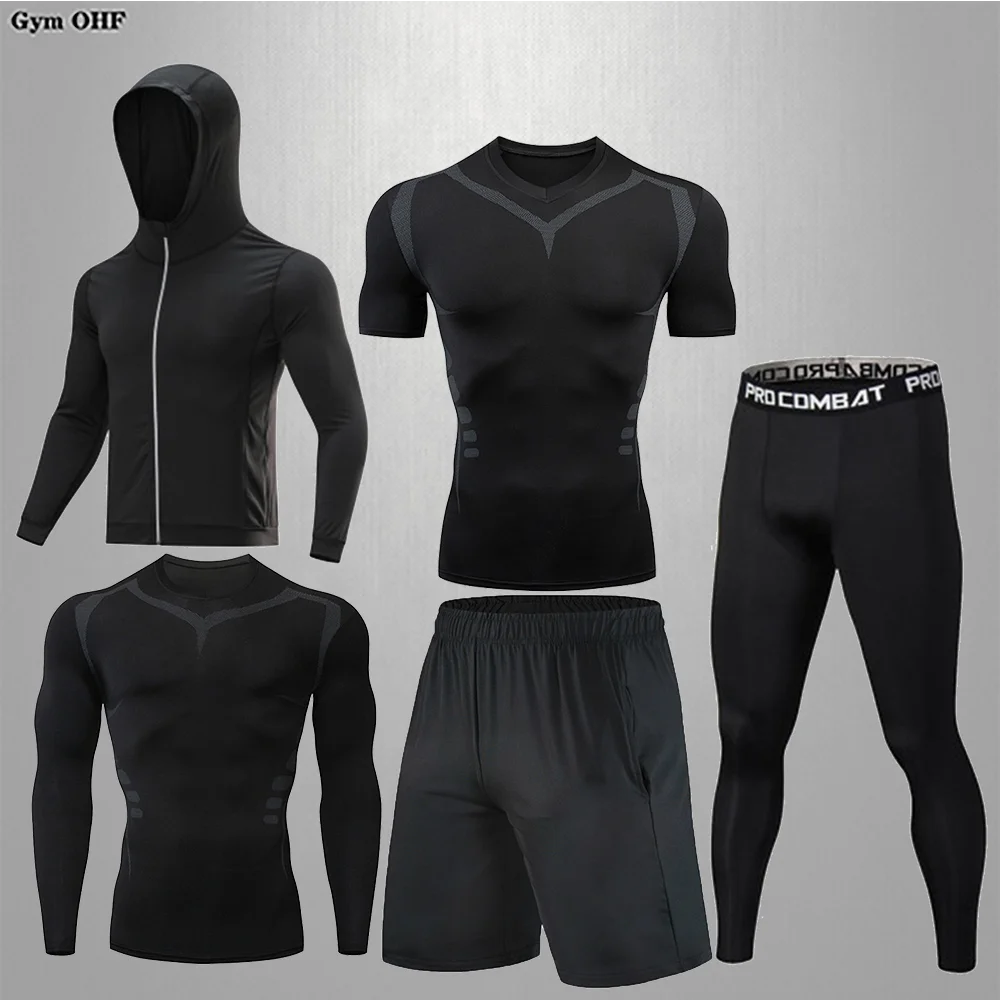 Men\'s Compression Five Piece Set High Elasticity Breathable Jogging Customizable Sports Top Suits GYM Quick Drying Fitness MMA