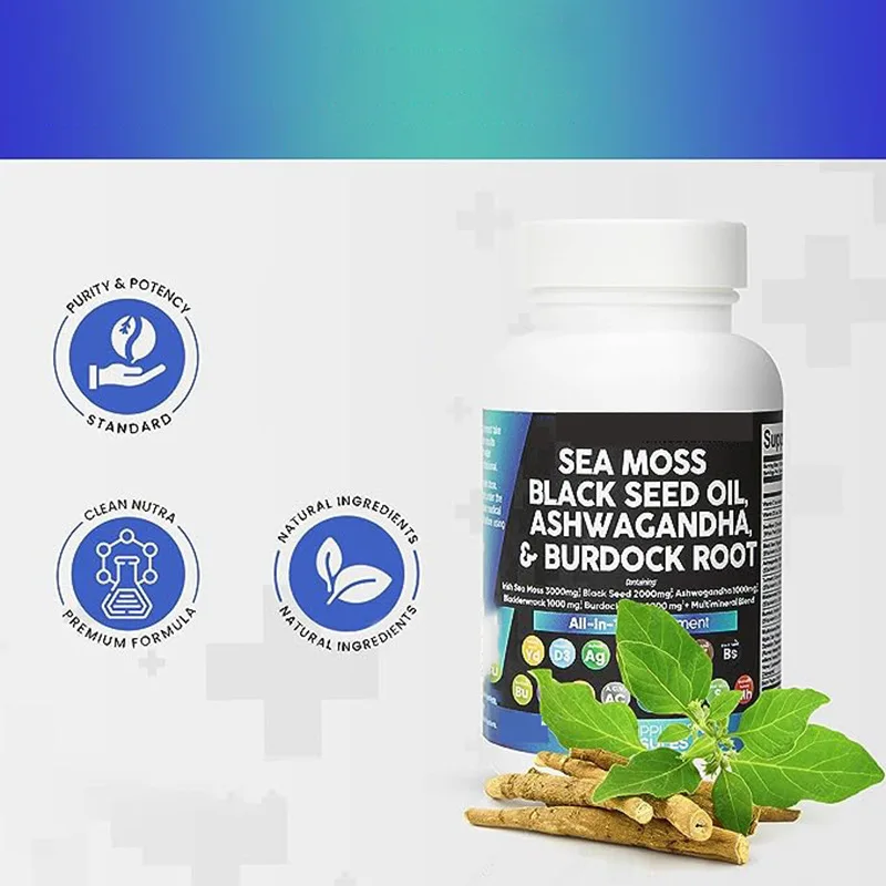 Sea grass caps black seed oil paired with burdock roots helps with immunity, intestinal cleansing, and energy