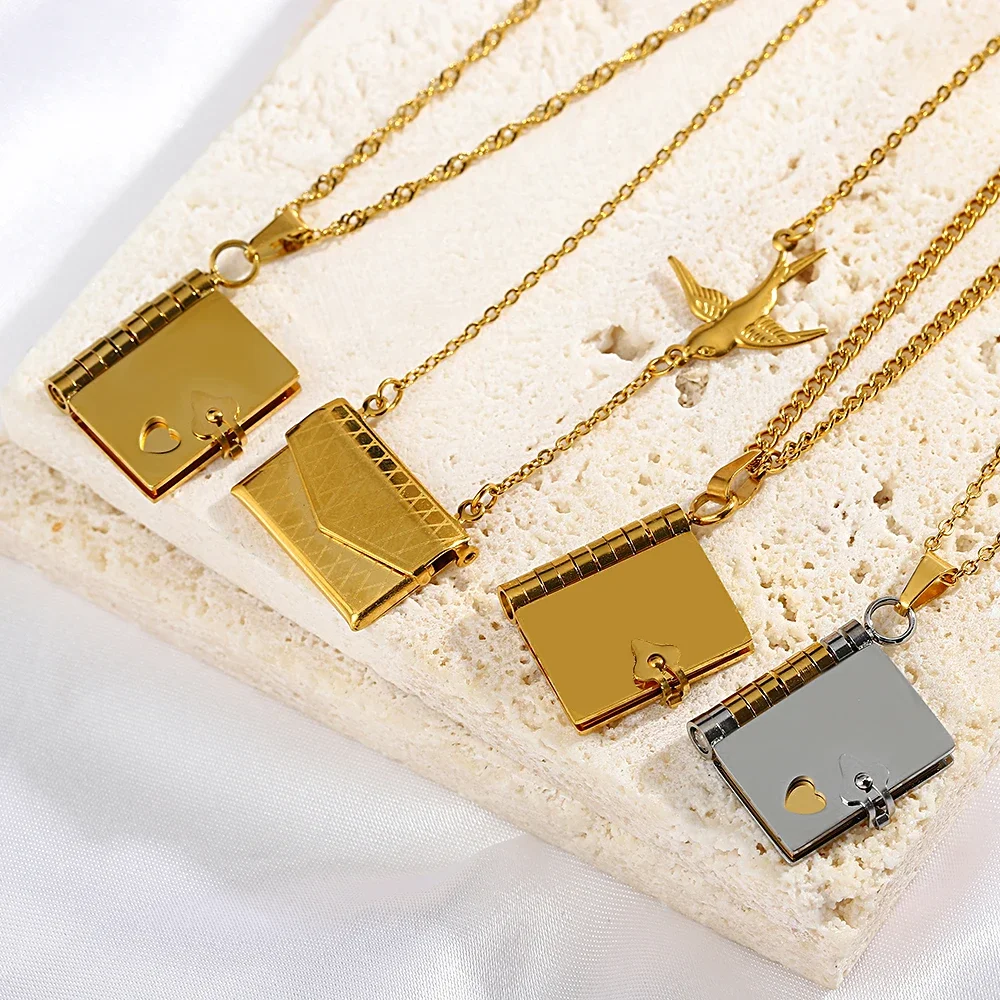 INS Vintage Story Book Virgin Mary Green Mermaid Pendant Necklace Stainless Steel Jewelry for Women Open Close Lover Book