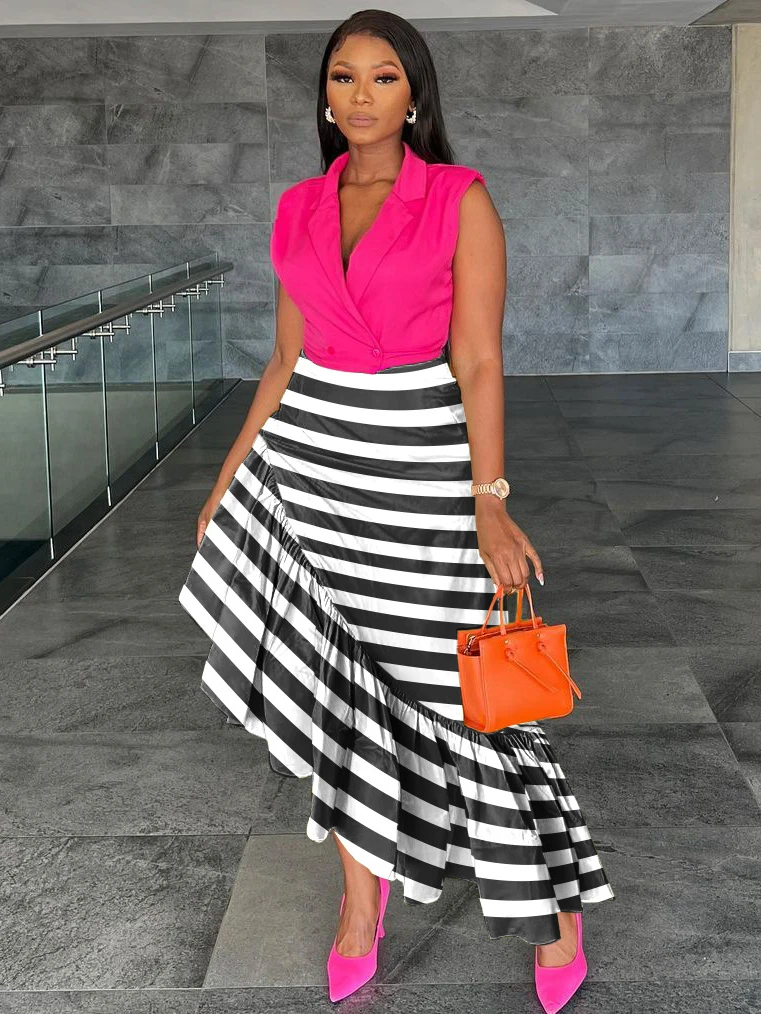 Women Striped Ruffles Hem Asymmetrical High Waist Maxi Long Skirt 2023 Vintage Streetwear INS Fashion Mermaid Skirts