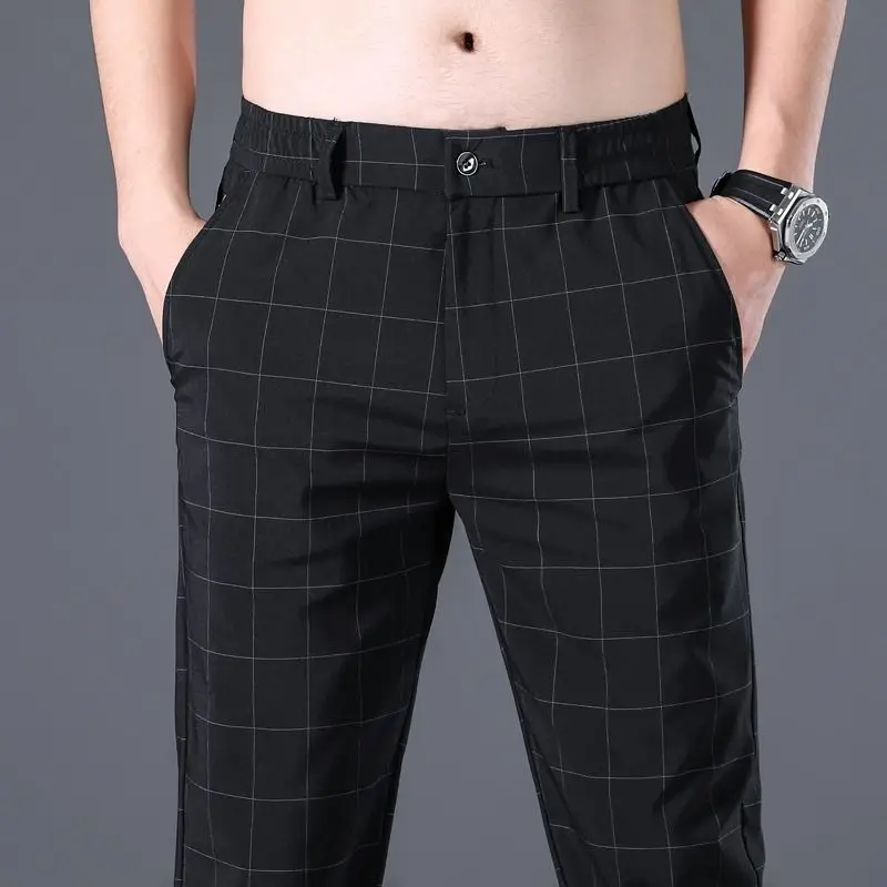 Summer Thin Business Elastic Fashion Trend Slim Casual Print Suit Pants Men\'s Button Zippered Pockets Korean Straight Trousers