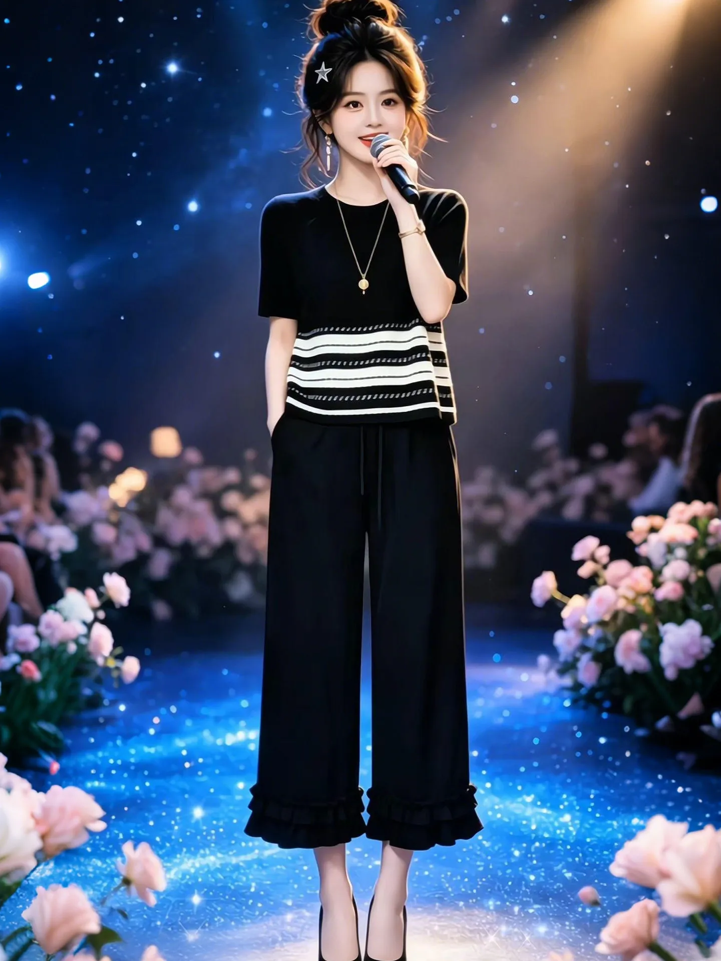 

Summer Commute Ready Striped Top And Wide Leg Pants Slimming Two Piece Set Korean Style Women's Fashion Ensemble Breathable
