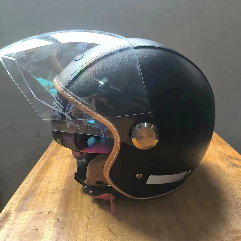 خوذة سوداء من الجلد الصناعي للجنسين 3/4 خوذة دراجة نارية للرجال والنساء بواقي مزدوج وبطانة قابلة للإزالة لكامل الوجه #1