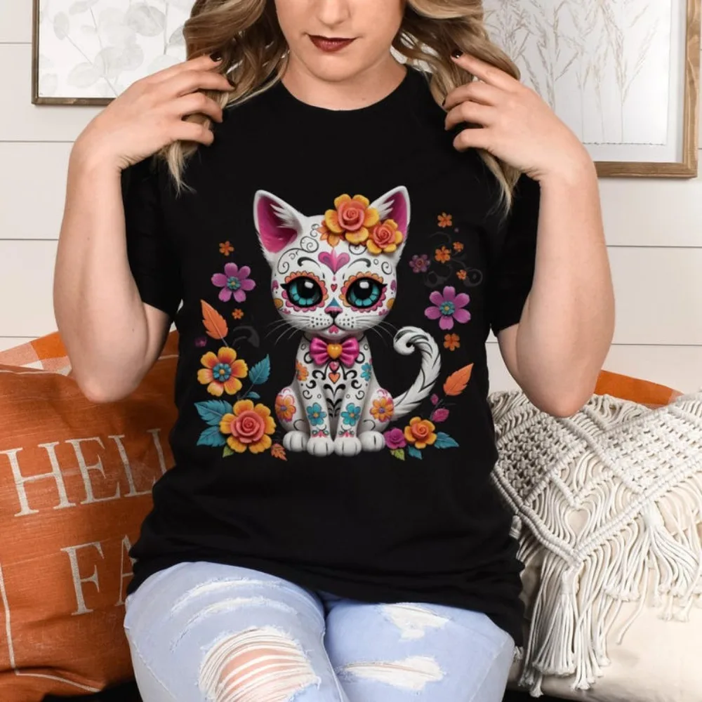 

Día De Los Muertos Tshirt Day of The Dead Floral Cat T-shirt Halloween Tee Sugar Skull Women Shirt Creative Design Festival Tops