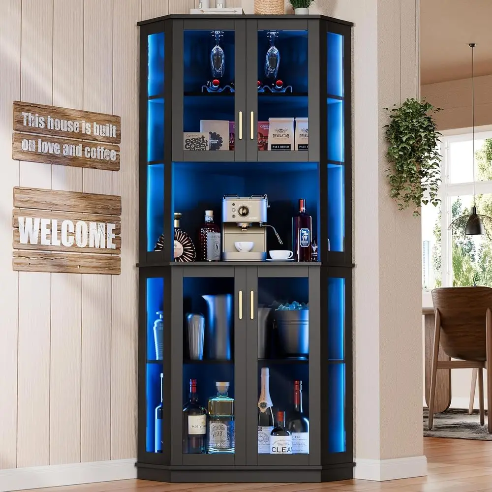 

71 LED-Illuminated 5-Tier Home Bar Cabinet with Glass Door and Glass Rack for Liquor Storage