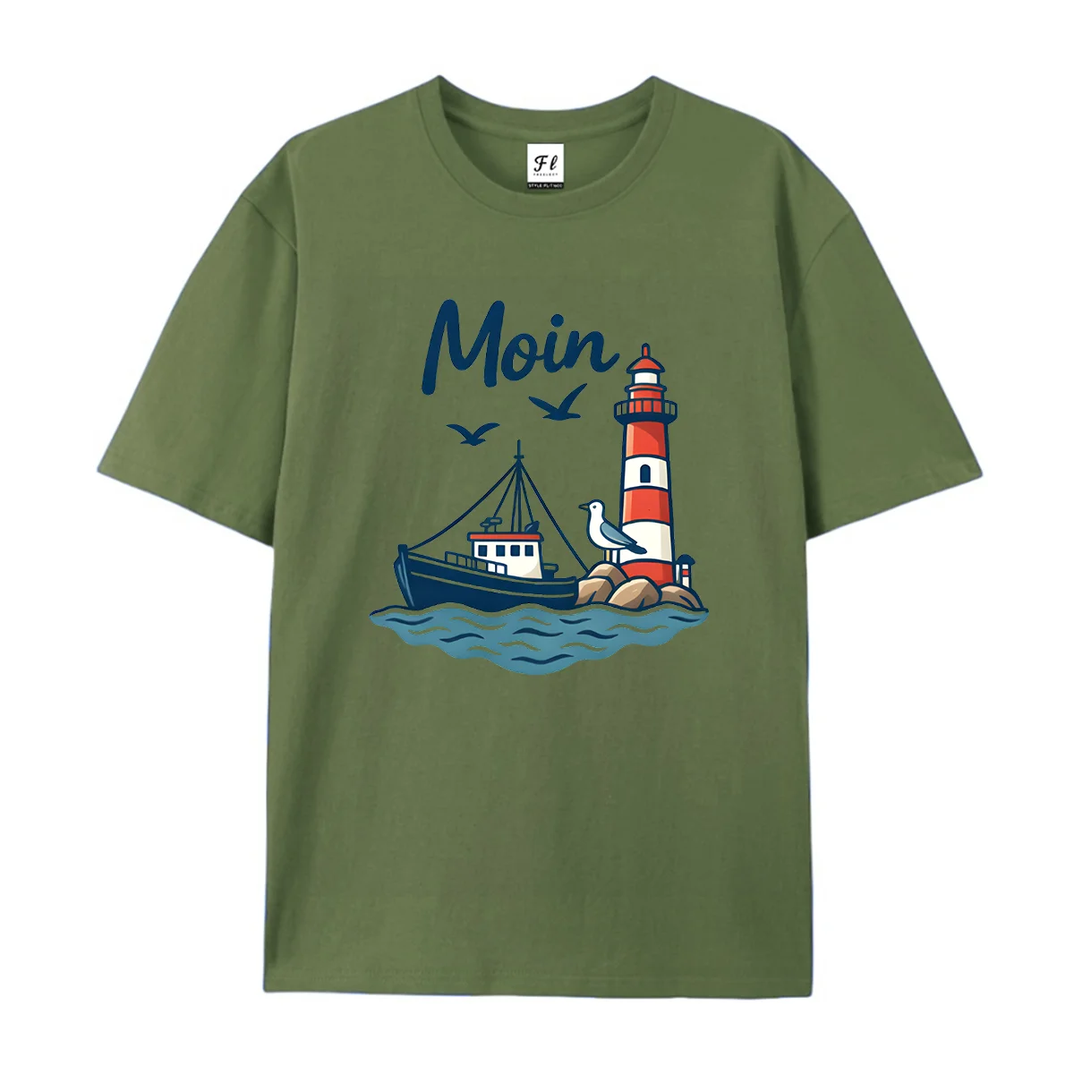 Unisex Crew Neck T Shirt Nautical Lighthouse Fishing Boat Print Short Sleeve Tees Soft Cotton Tops For Ocean Daily Holiday Wear