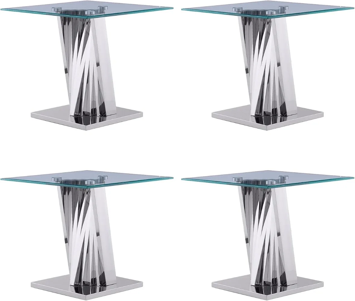 End Table Set of 4, Modern Glass Side Table with Silver Polished Stainless Steel Geometric Base, for Living Room,Bedroom,Office