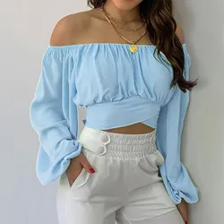 Elegant Off Shoulder Long Sleeve Shirt Women Self Tie Bow Knot Slim Fit Cropped Top Blouse Cut Out Fashion Casual Blouses