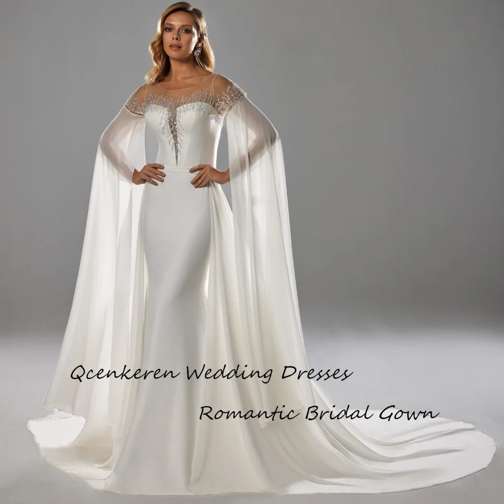 Qcenkeren Vestidos de novia Wedding Dress O-Neck Trumpet Shiny Sequined Detachable Shawl Bridal Gown For Sexy Women 2024