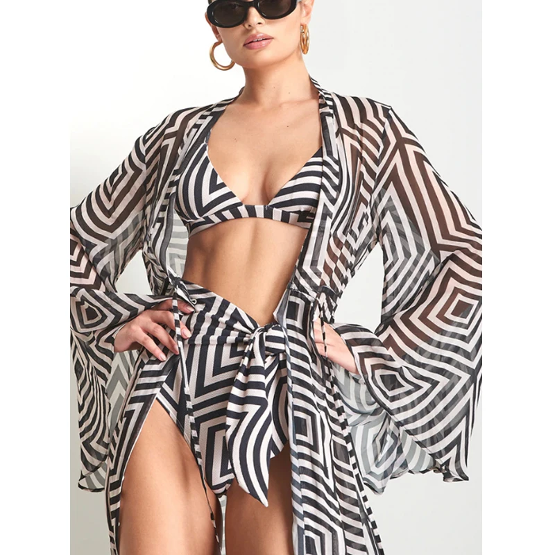 

Fashion Women's Robe Geometric Printed Cardigan Loose Casual Beach Smock Bat Sunscreen Bikini Cover Up Swimwear Outwear Kimono