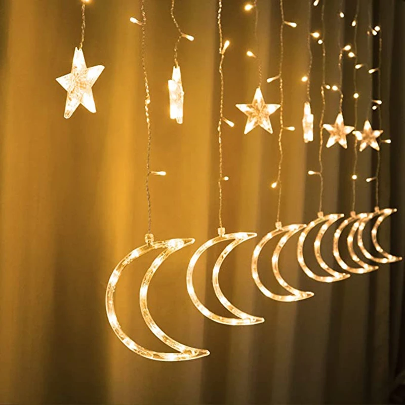 Impermeável LED Curtain Light para decoração de casa, luz de festa, casamento, quarto, 12 estrelas, lua, plugue UE, exterior, 2,5 m