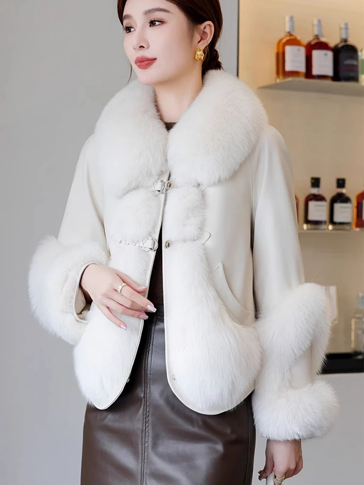 New Fashion Natural Fox Fur Coat Women's Genuine Sheepskin Leather Jacket Warm Luxury Female Coats Goose Gown Jacket