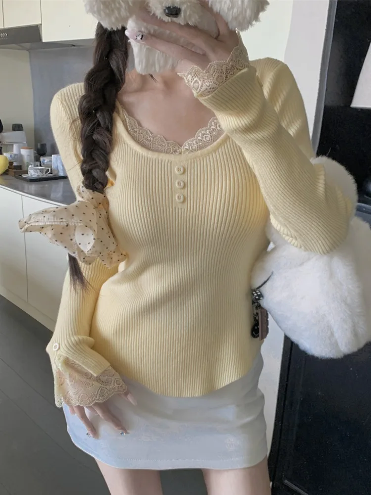 

Elegant Yellow Knitted Lace Base Shirt Women's Autumn Winter Unique Beautiful Inner Wear Lovely Small Top Korean Style Slim Fit