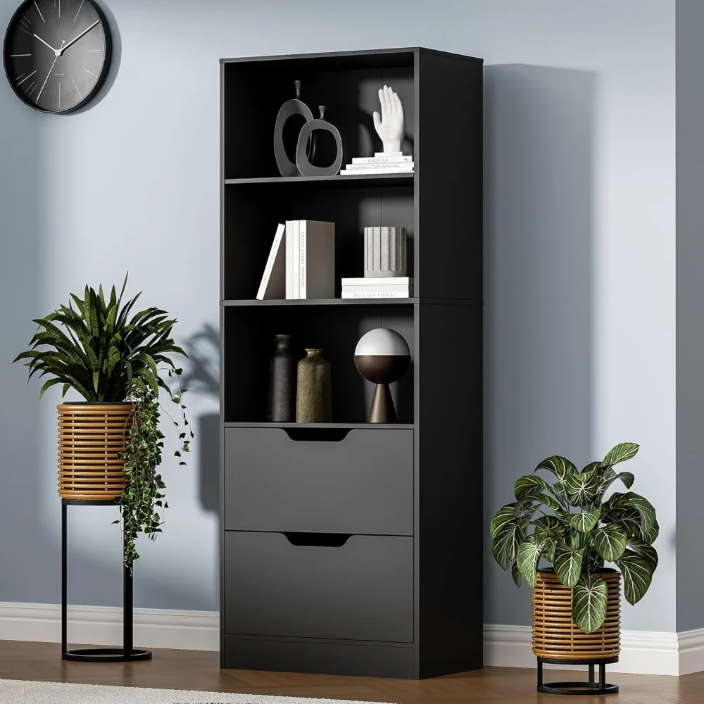 

Bookcase with 2 Drawers, 63" 3-Tier Bookshelf with Storage, 3 Shelf Book Shelf with Adjustable Shelf, Modern Bookshelf, Open She