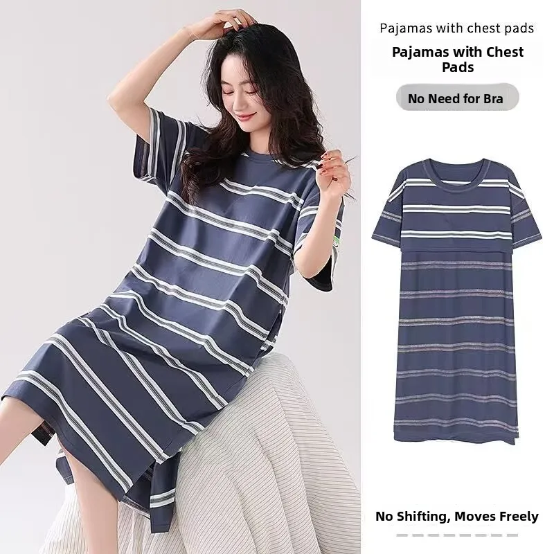 Summer Cotton Pajama Women's Short Sleeve Dress Casual Striped Sleepwear Home Clothes Thin Model Comfortable Breathable Dress