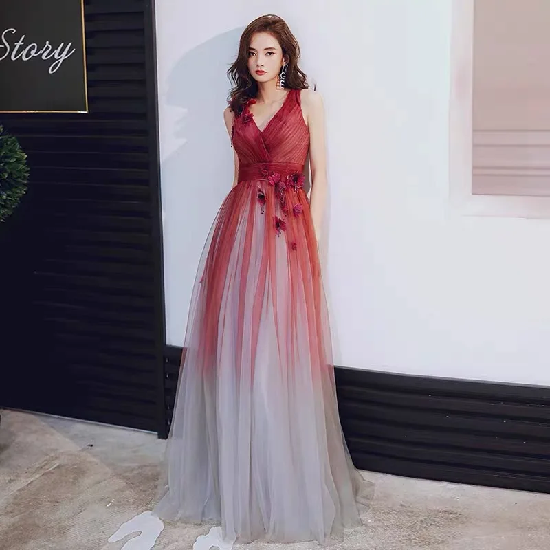 Princess Burgundy Backless Long A-line Tulle Prom Dresses Vestidos De Fiesta Elegant V-neck Wedding Dress