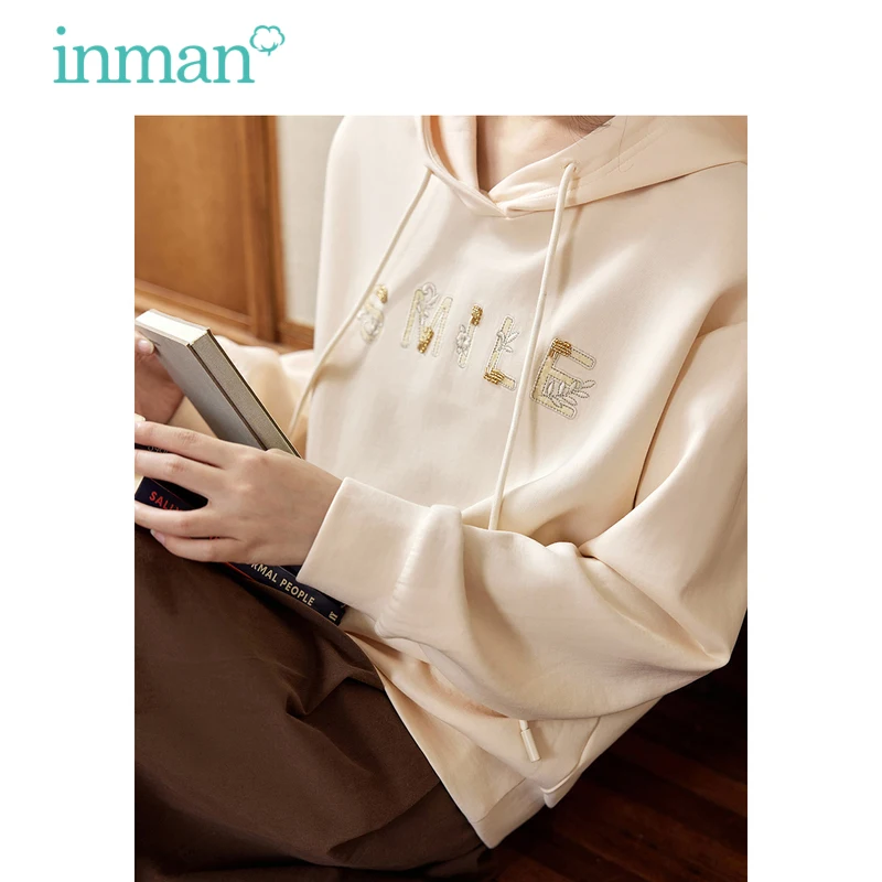 

INMAN Women Hoodies 2023 Autumn Long Sleeve Loose Hooded Sweatshirt Letter Embroidery Fashion Casual Apricot Pullover