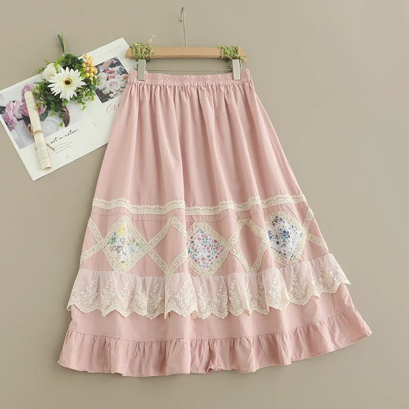 Summer Sweet Mori Girl Lace Floral Embroidered Skirt Women Elastic Waist Casual Loose Cotton A-line Skirts