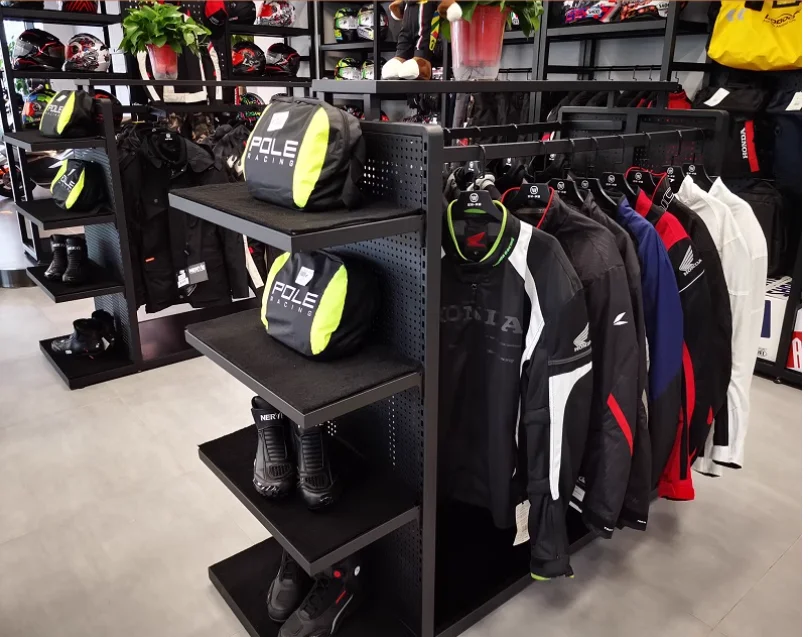 Clothing store island shelves outdoor locomotive gloves hanging helmet clothes display men's multi-functional shelf hanging