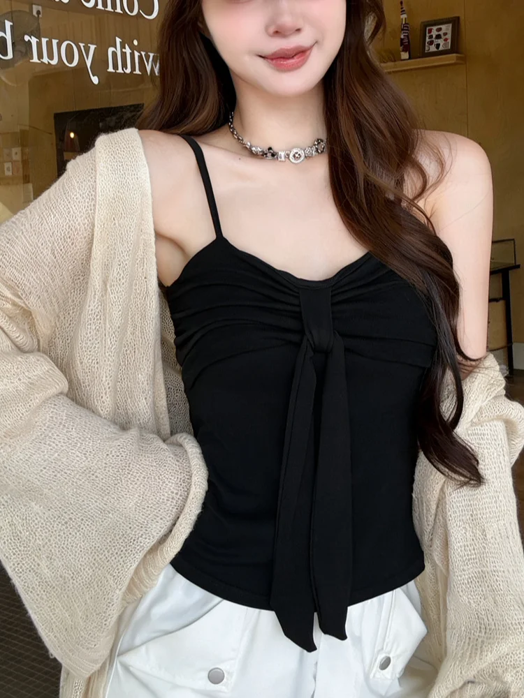 Summer Slimming  Knot Strap Vest Women's Fashionable Pad Integrated Design Breathable Short Length V-Neck Top