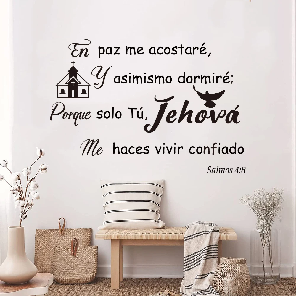 Spanish Bible Verse Slogan Wall Stickers Salmos 4:8 Christian Lord Jesus Wall Decals Bedroom Kitchen Home Decor