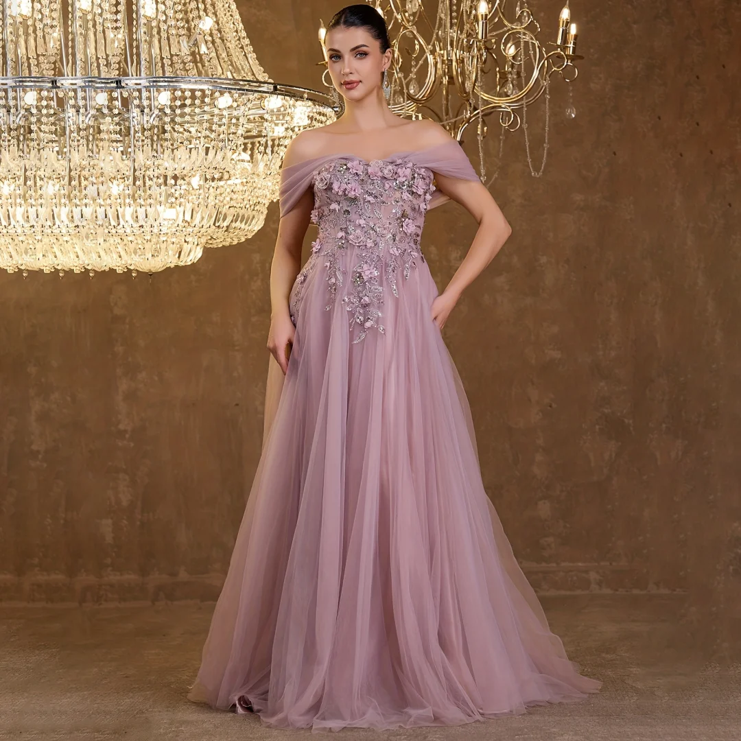 

Elegant Tulle Off the Shoulder Evening Dresses 2025 Boat-neck 3D Flowers Appliques Sequins Prom Dress Wedding Party Guest Gowns
